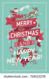 Merry Christmas and Happy New Year vector poster, banner or greeting card template. Ideal for Winter Holiday events advertising or celebration party invitations