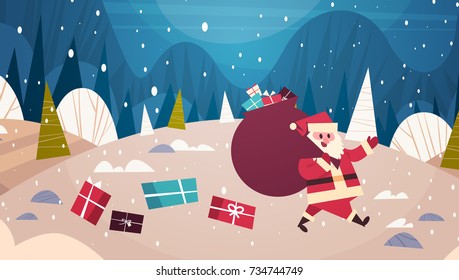 Merry Christmas And Happy New Year Greeting Card Santa Carry Big Present Sack In Winter Forest Holidays Concept Banner Flat Vector Illustration