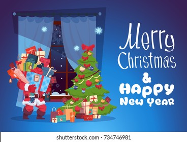 Merry Christmas And Happy New Year Greeting Card Santa Holding Gift Boxes Concept Winter Holiday Concept Banner Flat Vector Illustration