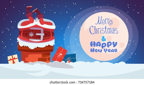 Merry Christmas And Happy New Year Greeting Card With Santa Claus Stuck In Chimney Winter Holiday Banner Flat Vector Illustration