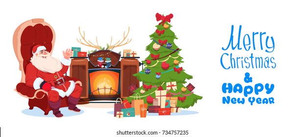 Merry Christmas And Happy New Year Greeting Card With Santa Claus Sitting In Armchair Near Fireplace Winter Holiday Concept Banner Flat Vector Illustration