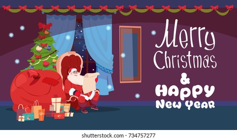 Merry Christmas And Happy New Year Greeting Card Santa Reading Gift List Winter Holiday Concept Banner Flat Vector Illustration