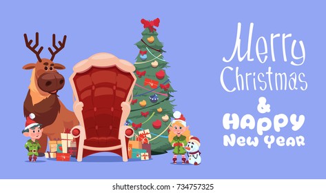 Merry Christmas And Happy New Year Greeting Card With Santa Claus Sitting In Armchair Winter Holiday Banner Flat Vector Illustration