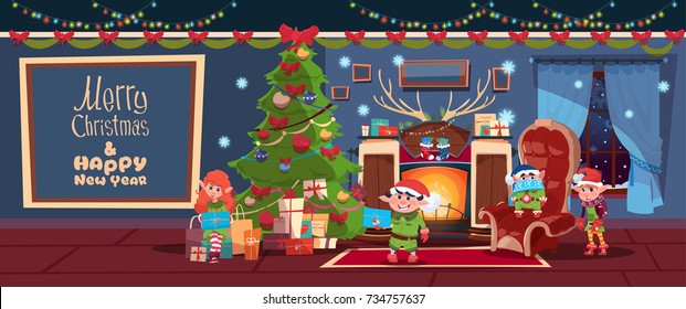 Merry Christmas And Happy New Year Greeting Card With Elfs Near Fireplace Concept Winter Holiday Banner Flat Vector Illustration