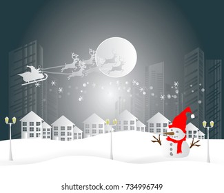 Merry Christmas and Happy New Year. Illustration of Santa Claus on the sky and country village with snowman and winter season landscape