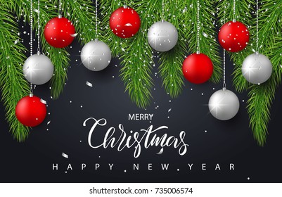 Merry Christmas and Happy New Year background with red and silver balls,tree branches and confetti. Holiday greeting card, invitation, party flyer, poster, banner. Vector illustration