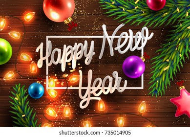 Merry Christmas and Happy New Year 2018 decorations | Greeting card vector template | Gold foil confetti, ribbons and glitter | Holiday illustration for posters, placards, banners and flyers