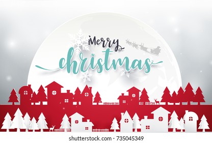 Merry Christmas and Happy new year. Merry Christmas lettering with Christmas trees on red background. Paper art and origami style design