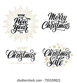 Merry Christmas. Happy New Year, 2018. Typography set. Vector logo, emblems, text design. Usable for banners, greeting cards gifts etc