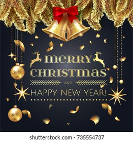 Merry Christmas and Happy New Year stock vector greeting card with Chrirstmas decorations fir tree border, gold bell and confetti . Black luxury and gold christmas classic colors. EPS 10