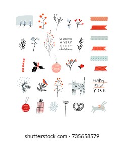 Merry Christmas, Happy New Year cute hand drawn elements. Collection of Holiday items. Trendy minimal design. Ideal for greeting cards, posters, stickers, invitations, gift tags. Vector