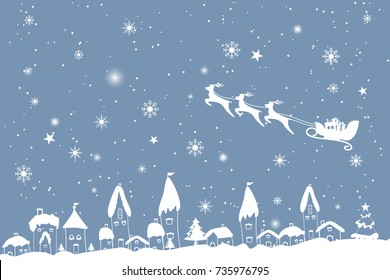 Joyeux Noël et Bonne année. Illustration du Père Noël et des coffrets cadeaux sur le ciel qui arrivent aux cadeaux de village dans le paysage de neige.