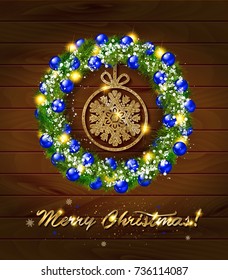 Merry Christmas and Happy New Year. Can be used for greeting cards and banners. On wooden background. Decorative frame with text. Vector illustration