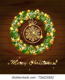 Merry Christmas and Happy New Year. Can be used for greeting cards and banners. On wooden background. Decorative frame with text. Vector illustration