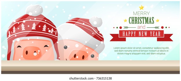 Merry Christmas and Happy New Year background with pigs standing behind window , vector , illustration