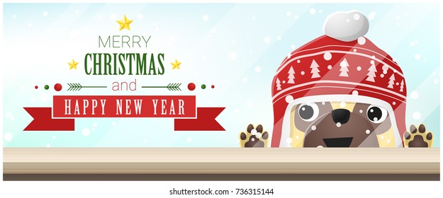 Merry Christmas and Happy New Year background with dog looking at empty table top , vector , illustration