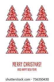 Merry Christmas and Happy New Year greeting card. Decorative invitation, flyer, poster template with text. Christmas tree with bubbles, snow flakes. Holiday themed graphic design. Vector illustration