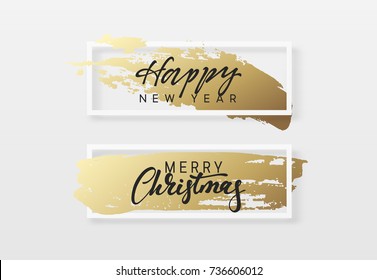 Merry Christmas and Happy New Year. Greeting card with gold handwritten brush stroke. Template for flyer, poster, banner and other design.