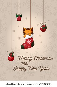 Merry Christmas and Happy New Year illustration with cute kitten in a christmas stocking, christmas balls and snowflakes