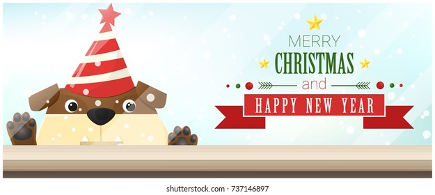 Merry Christmas and Happy New Year background with bulldog looking at empty table top , vector , illustration