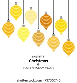 Merry Christmas and Happy New Year background with yellow christmas balls. Vector background  for your greeting cards, invitations, festive posters. 
