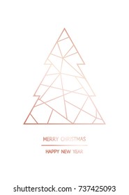 Merry Christmas and Happy New Year. Vector modern template card. Abstract geometric christmas tree. Rose gold pattern