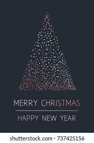 Merry Christmas and Happy New Year. Vector modern template card. Abstract christmas tree. Rose gold pattern