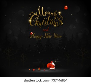 Merry Christmas and Happy New Year calligraphic inscription. Santa Claus goes through the dark night forest with a bag of gifts and boxes. Xmas greeting card with place for message.