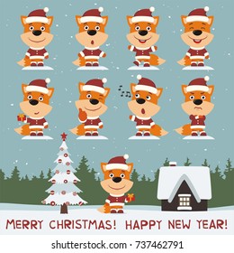 Merry christmas and happy new year! Set of foxes in costume and hat in different poses.