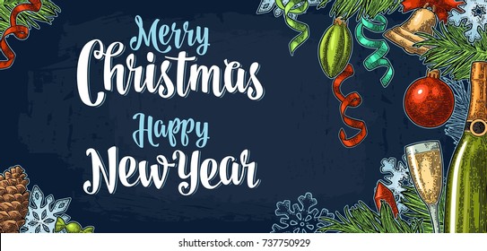 Merry Christmas Happy New Year calligraphy lettering and champagne glass, bottle, serpentine, rocket, snowflake, pine cone, candle, toy, fir branch. Vector vintage color engraving on dark blue fond