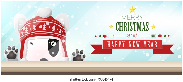 Merry Christmas and Happy New Year background with bull terrier dog looking at empty table top , vector , illustration