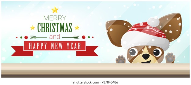 Merry Christmas and Happy New Year background with chihuahua dog looking at empty table top , vector , illustration