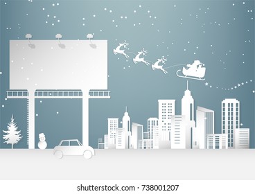 Merry Christmas and Happy New Year. Illustration of Santa Claus with billboards
 on the sky coming to City ,paper art and craft style