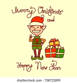 Merry Christmas And Happy New Year Greeting Card With Holiday Elf Boy Hand Drawn Lettering Background Vector Illustration
