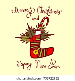 Merry Christmas And Happy New Year Greeting Card With Gift Sock Hand Drawn Lettering Background Vector Illustration