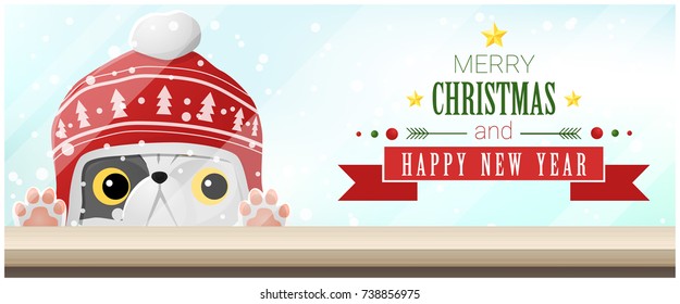 Merry Christmas and Happy New Year background with cat looking at empty table top , vector , illustration