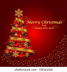 Merry Christmas and Happy New Year with golden ribbon tree, stars and snowflakes on red background. Greeting Card Xmas. Vector Illustration.