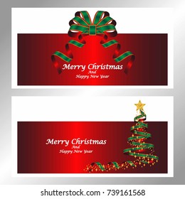 Merry Christmas and Happy New Year with golden ribbon tree, bow, stars and snowflakes on red background. Greeting Card Xmas. Vector Illustration.
