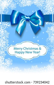 Merry Christmas and Happy New Year greeting card with blue ribbon bow. Vector Illustration