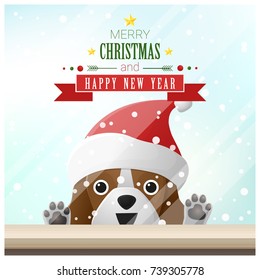 Merry Christmas and Happy New Year background with dog standing behind window , vector , illustration