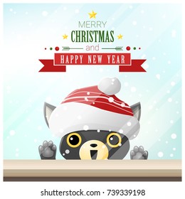 Merry Christmas and Happy New Year background with cat standing behind window , vector , illustration