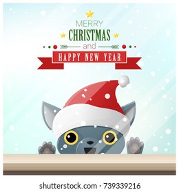 Merry Christmas and Happy New Year background with cat standing behind window , vector , illustration