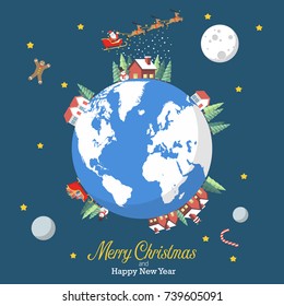 Merry Christmas and Happy New Year with earth globe. Greeting card vector illustration