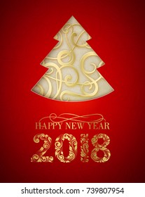 Merry Christmas and Happy New Year 2018 card with golden steampunk fir over red background. Vector illustration.