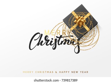 Merry Christmas and Happy New Year illustration with a gift box entwined with golden beads.