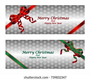 Merry Christmas and Happy New Year with golden ribbon tree, bow, stars and snowflakes on red background. Greeting Card Xmas. Vector Illustration.