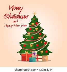 Merry Christmas and happy new year greeting card with decorated Christmas tree, vector illustration