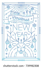 Merry Christmas and Happy New Year greeting card template with holiday attributes drawn in line art style - deer antlers decorated with baubles, snowflakes, spruces. Monochrome vector illustration.