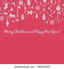 Merry christmas and happy new year christmas greeting card with the christmas and new year symbols: tree, bells, cookies, hearts, snowman . Fully editable vector illustrations and icons.