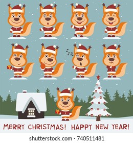 Merry christmas and happy new year! Set of squirrel in costume and hat in different poses.